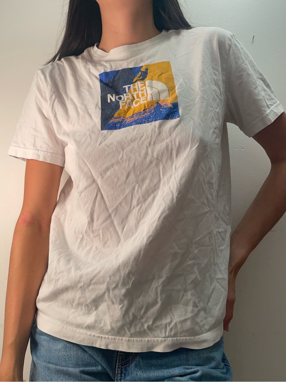 The North Face White Short Sleeve Logo Tee with Blue & Yellow Graphic
